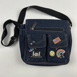 LEI Jeans Denim Crossbody Bag Blue American Flag Smiley Love Patches Y2K